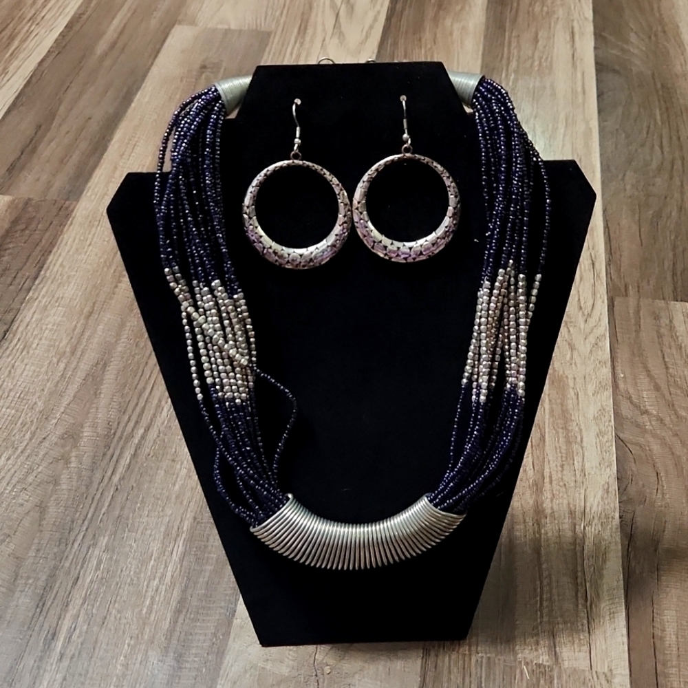Navy & Silver Beaded Statement Necklace with Matching Earrings Y2K